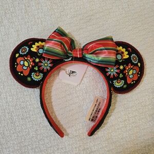 Disney Minnie Mouse Ears with Floral Embroidery and Striped Bow